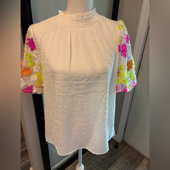 Tops - NWT…Boutique Smocked Neck Textured Top With Sequin Puff Short Sleeves